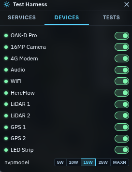 Test Harness — Devices tab: OAK-D Pro, 16MP Camera, 4G Modem, WiFi, HereFlow, LiDAR 1 & 2, GPS 1 & 2, LED Strip all enabled; nvpmodel selector