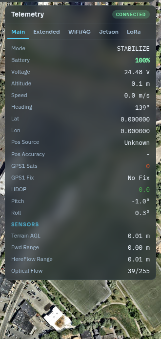 AEOS Telemetry panel — Main tab showing mode, battery, altitude, GPS, heading and sensor readings