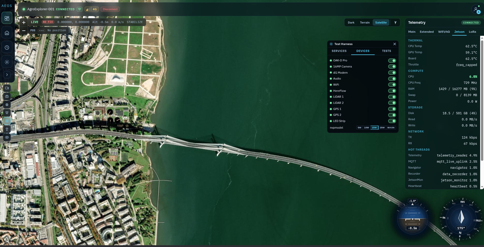 AEOS Test Harness — device toggles for OAK-D, modem, GPS, WiFi, LiDAR with live Jetson stats