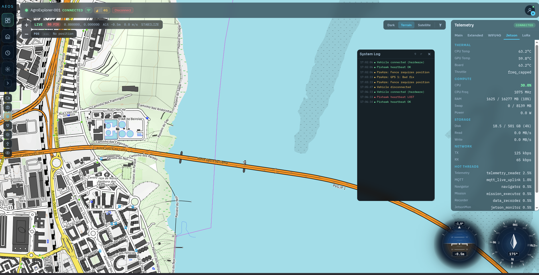 AEOS dashboard — Lisbon bridge satellite view with system log and telemetry