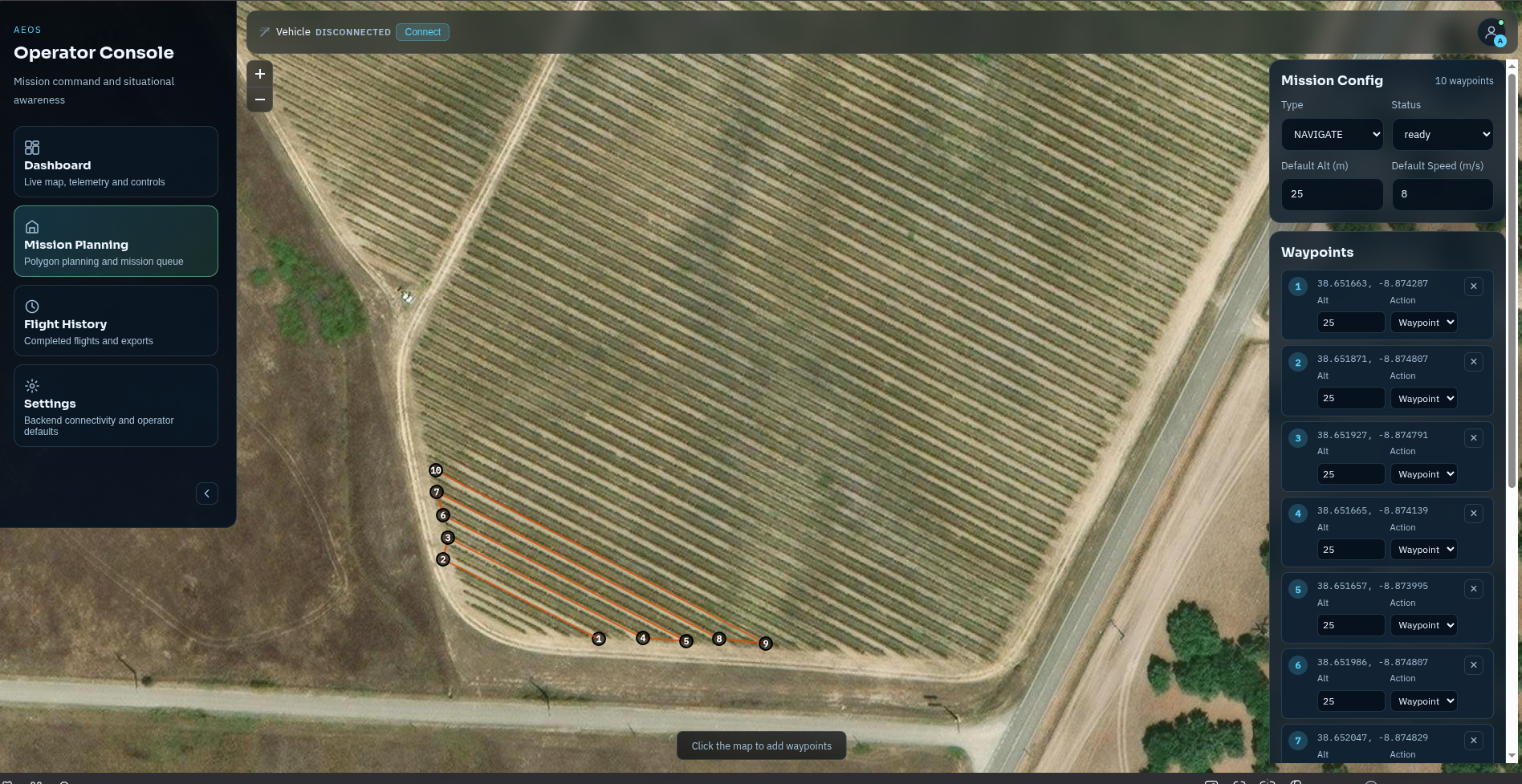 AEOS Ground Station — mission planning over vineyard rows with waypoints