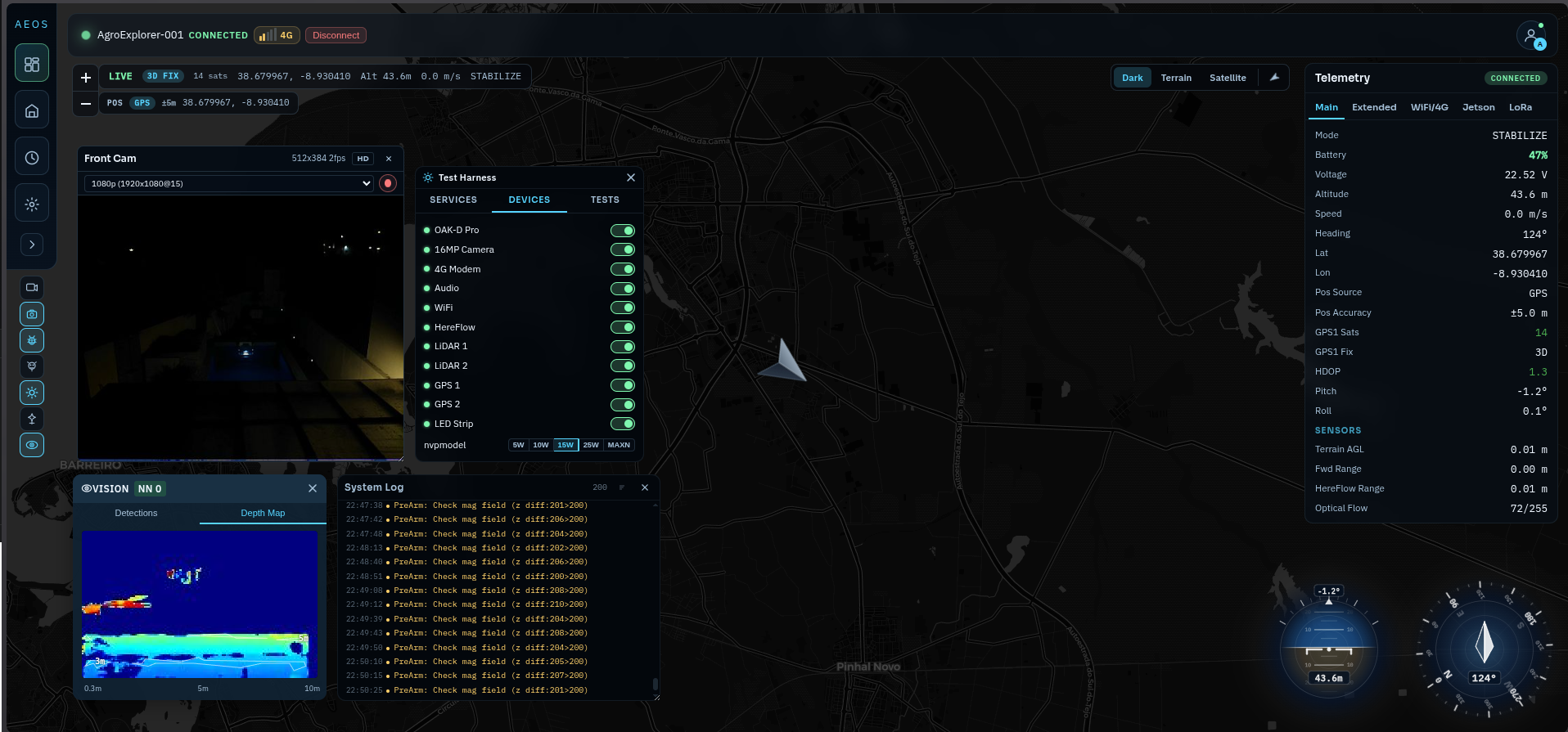 AEOS ground station night session — depth map panel with obstacle depth visualisation and live system log