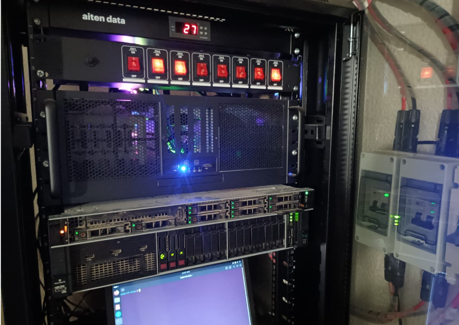 TwoAeon ground station server rack — rack-mounted server running AEOS ground services, MQTT broker, FastAPI, and post-flight AI pipeline