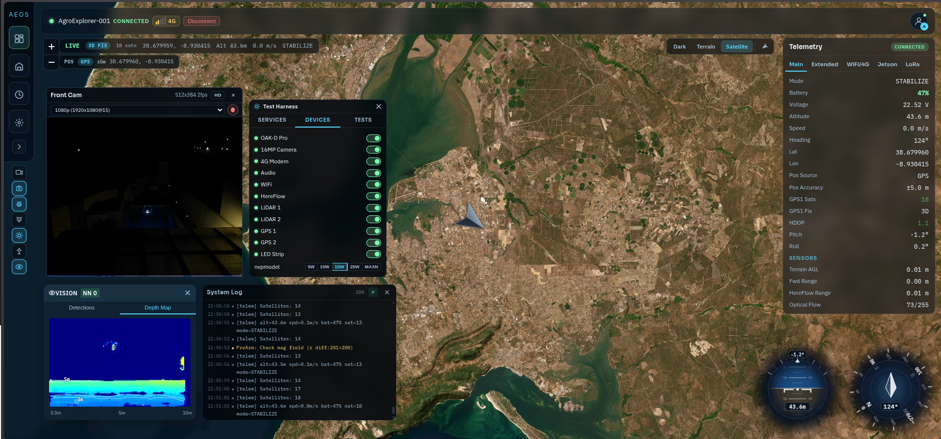 AEOS Operator Console — AgroExplorer One connected with satellite map, test harness, front camera, NDVI panel and live telemetry