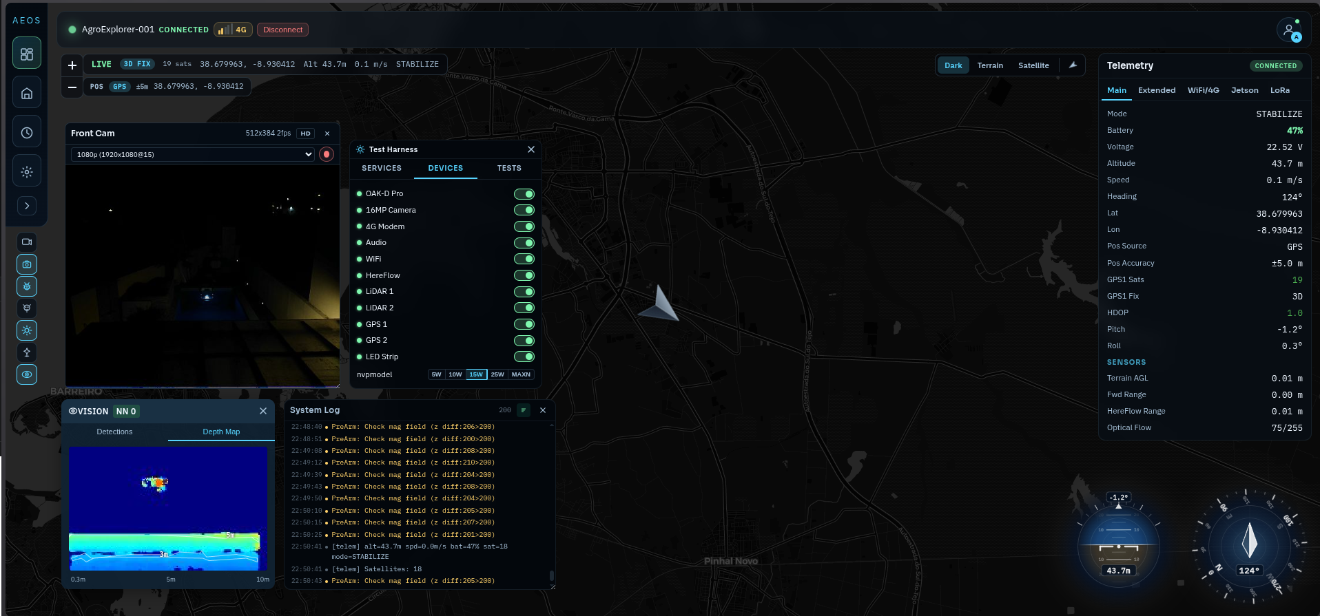 AEOS ground station night mission — dark satellite map with drone position and telemetry