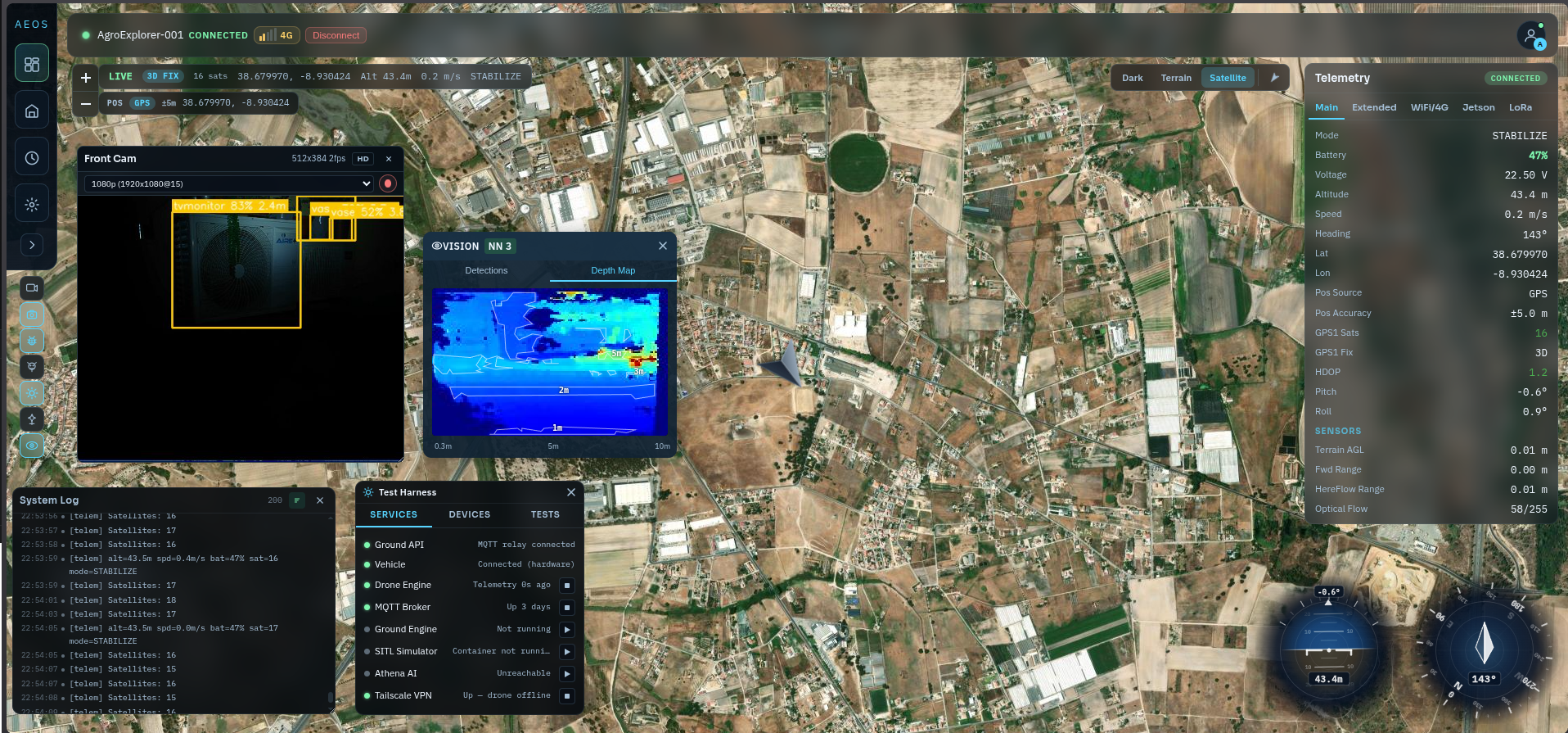 AEOS VisionPanel — live depth map with contour overlay and YOLO detection thumbnails alongside satellite map