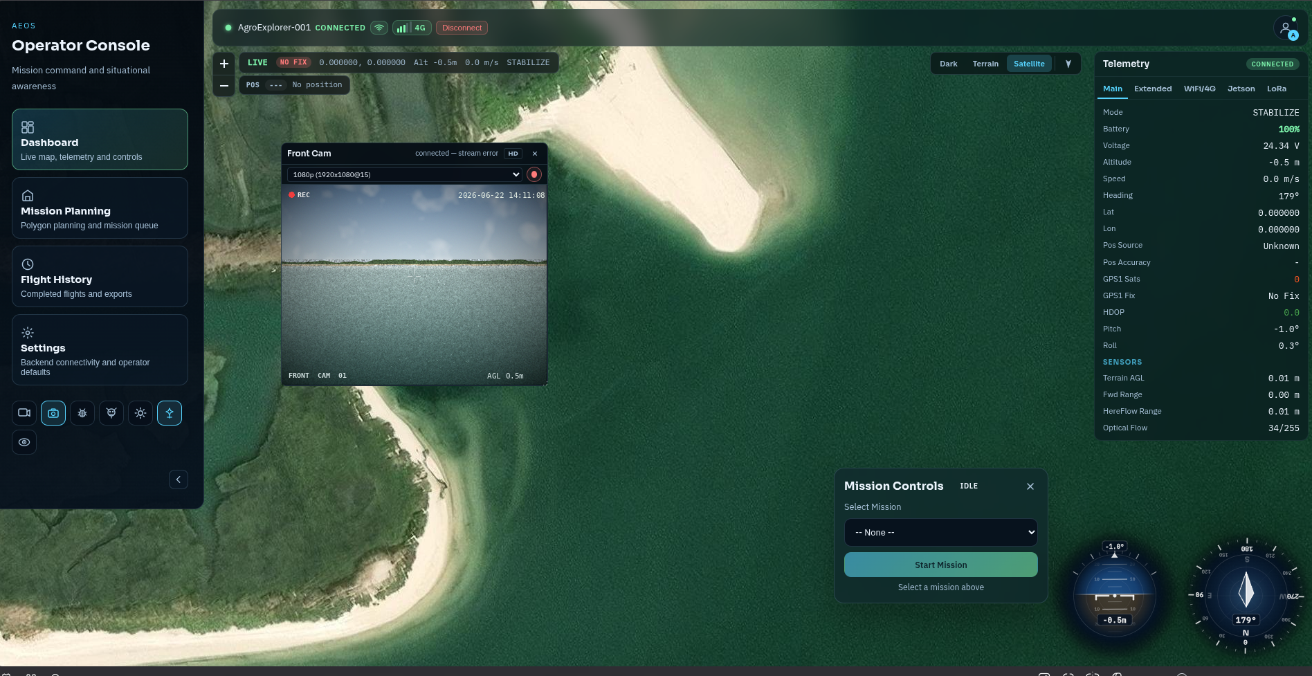 AEOS Operator Console — AgroExplorer One connected with live front camera feed over crop rows and full telemetry panel